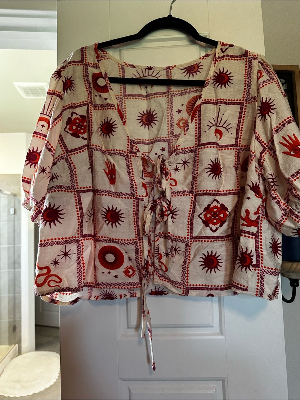 Women’s Boho Tie-Front Top in Red and Cream